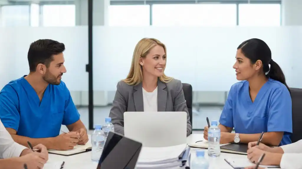 Equipo de profesionales de la salud reunido en una mesa de trabajo, dialogando y analizando información clínica y administrativa, representando procesos de gerencia y auditoría en salud orientados a la toma de decisiones y mejora de la calidad asistencial.