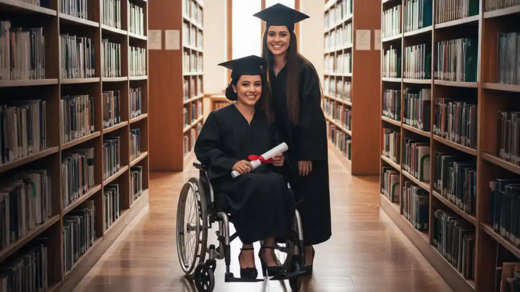 Joven graduada en silla de ruedas sonriendo con toga, representando educación inclusiva en Colombia