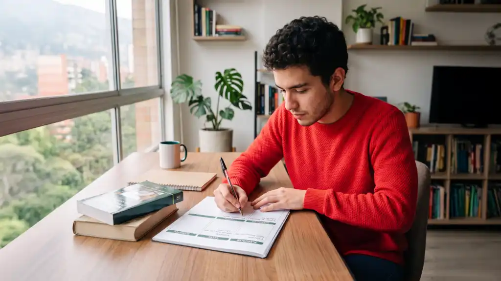 Estudiante toma apuntes mientras estudia en casa, ilustrando cómo los rasgos de la personalidad pueden influir en los hábitos de estudio y el aprendizaje autónomo.