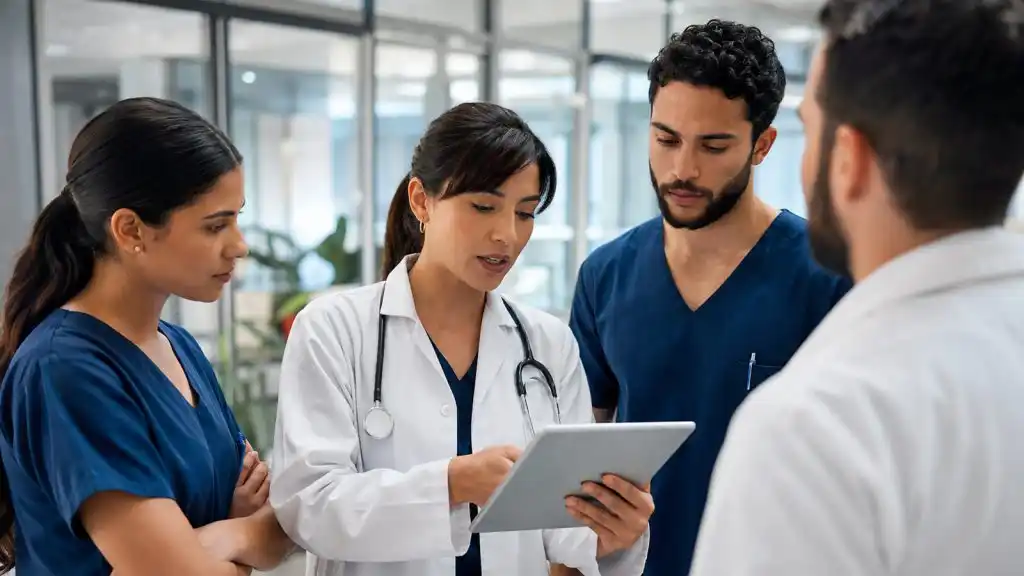 Equipo de profesionales de la salud analiza información clínica en una tableta durante una reunión, aplicando la fórmula de productividad para mejorar la coordinación y la eficiencia en el trabajo.