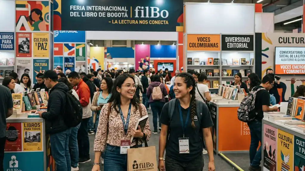 Asistentes recorriendo la feria internacional del libro de Bogotá entre stands editoriales y actividades culturales, reflejando la gestión cultural, la diversidad de voces y el impacto social de la FILBo.