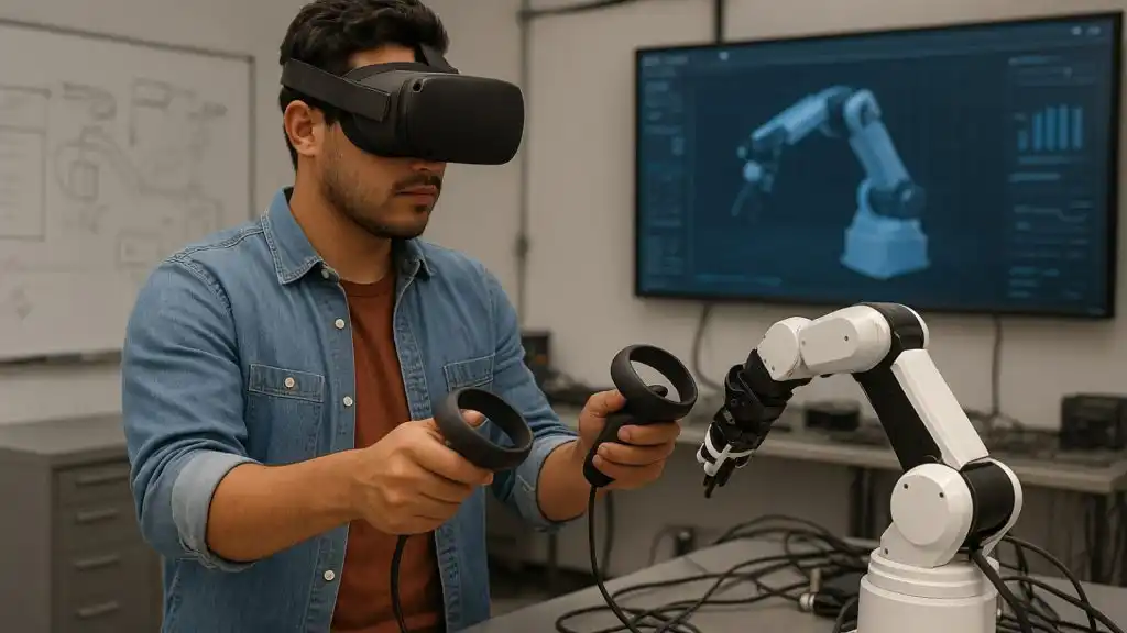 Estudiante de ingeniería usando gafas de realidad virtual mientras interactúa con software educativo, ilustrando la aplicación de la realidad virtual en la educación.