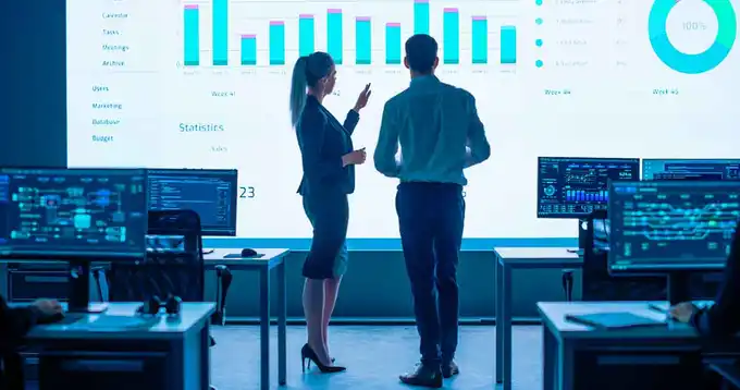 Personas de negocios frente a una gran pantalla con gráficos.
