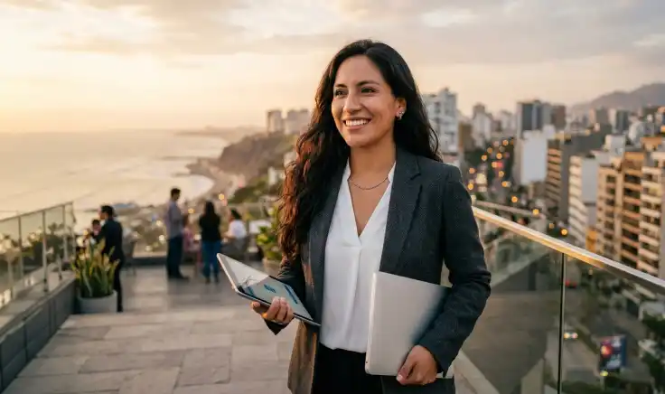 Una mujer profesional sonriente sosteniendo una laptop y tablet en una terraza con vista panorámica a la ciudad de Lima, representando las carreras mejor pagadas en Perú.