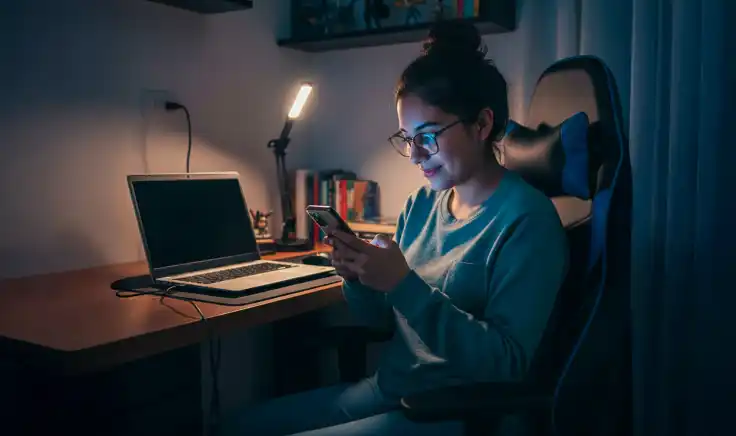 Joven desconcentrada sentada en su escritorio con laptop, reflejando la falta de concentración en los estudiantes y la importancia de aprender cómo mejorar la concentración mediante técnicas de concentración para estudiar.