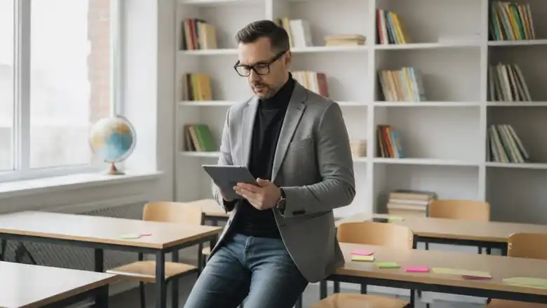 Docente utilizando una tablet en el aula para planificar actividades académicas, ejemplo del uso de la tecnología educativa en la práctica docente y del liderazgo pedagógico en entornos de aprendizaje digitales.