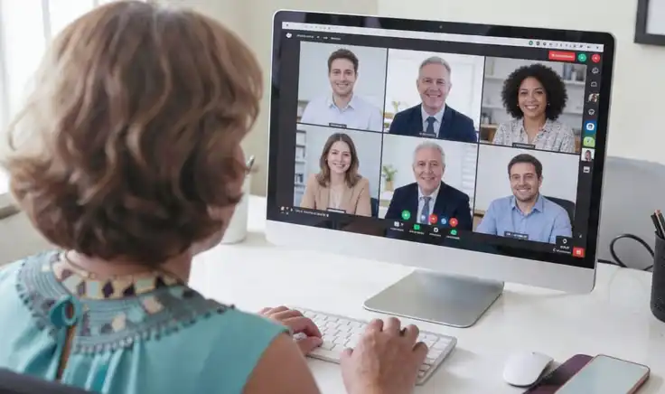 Una mujer de espaldas frente a su computadora participando en una videoconferencia como parte de la formación del docente, donde se observa a un instructor y varios colegas en una cuadrícula de Zoom.