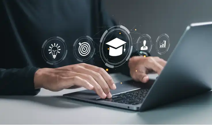 Ilustración que muestra a un grupo de personas trabajando en un laptop, revisando gráficos e íconos relacionados con habilidades digitales.