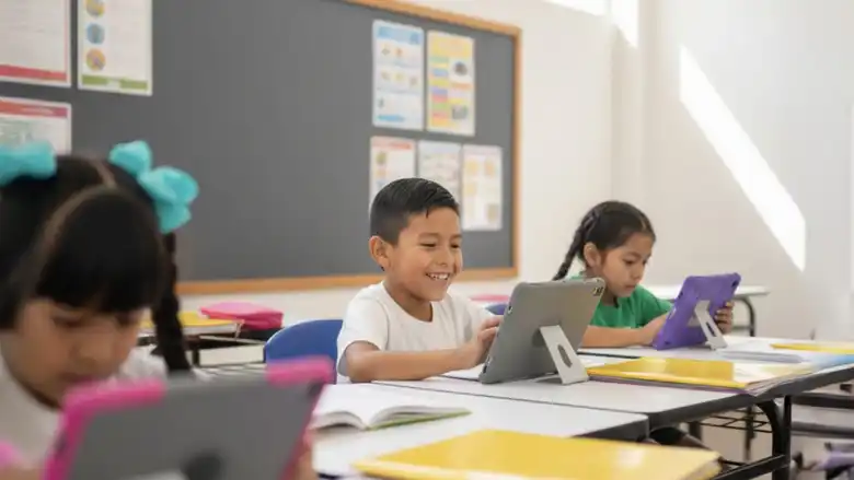 Estudiantes de educación básica utilizan tablets en el aula mientras realizan actividades de aprendizaje digital, integrando herramientas tecnológicas educativas que fomentan la participación, la concentración y el desarrollo de competencias digitales desde edades tempranas.