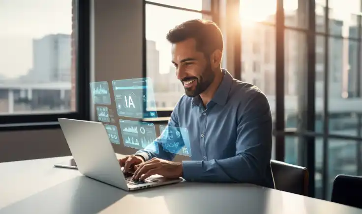 Joven trabajando desde su escritorio con laptop y teléfono, ilustrando prácticas que favorecen el aumento de productividad en el trabajo y estudio remoto.