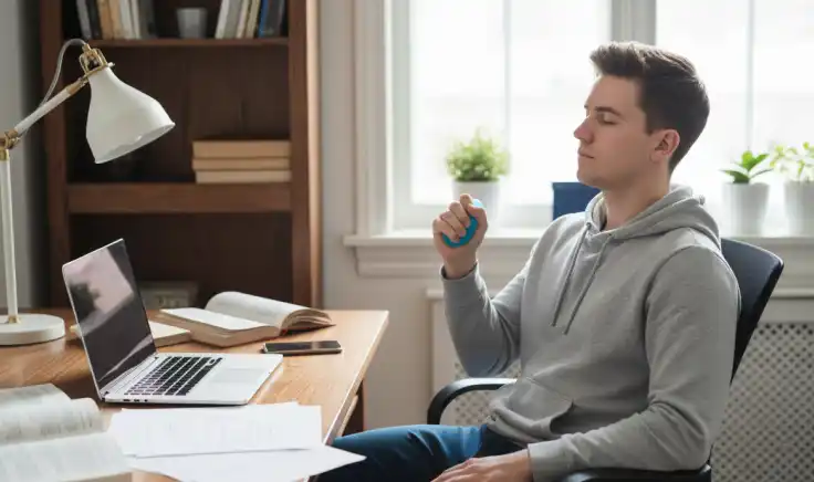 Hombre relajándose en su escritorio con los ojos cerrados y manos sobre el pecho, ejemplo de actividades para el manejo del estrés y técnicas efectivas para mejorar el equilibrio mental y la productividad.
