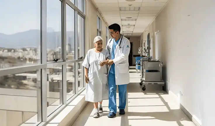Enfermera sonriente atendiendo a paciente en sala hospitalaria, formación en Medicina USMP para estudiar medicina en Perú