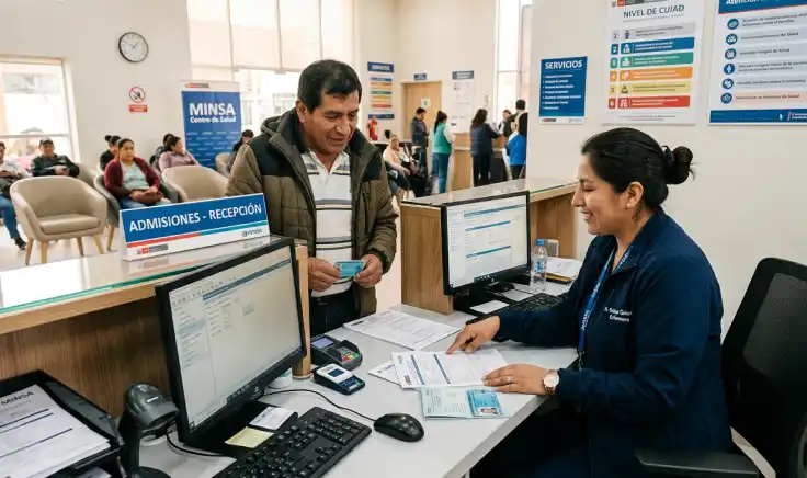 Pacientes en una sala de espera de un centro de atención primaria del MINSA recibiendo servicios de salud, con carteles informativos sobre los niveles de atención médica en Perú.