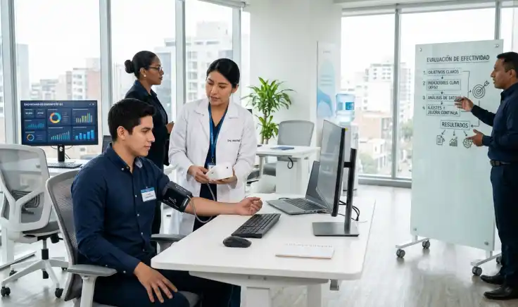 Especialistas realizando una evaluación ergonómica y de bienestar laboral en una oficina moderna, como parte de los servicios de salud ocupacional para medir la efectividad y reducir riesgos en el trabajo.