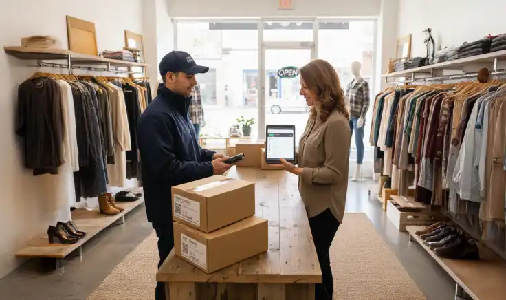 Mujer emprendedora utilizando un dispositivo digital en su comercio físico, ejemplificando las ventajas de los negocios digitales en la administración eficiente de productos.