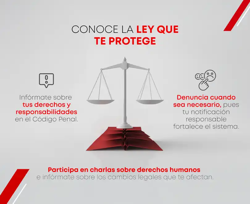 Infografía en español sobre derecho penal que explica cómo ser un ciudadano más consciente: conocer tus derechos, participar activamente y denunciar cuando sea necesario.